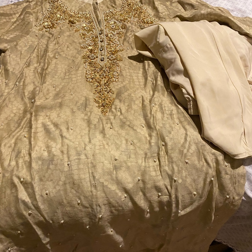 Tan with gold work shirt and choridar pajama shirt one time wear name brand